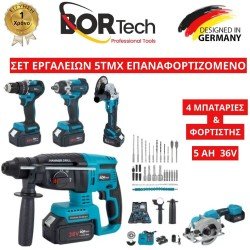Bortech Σετ 5 σε 1 Κασετίνα με Μπουλουνοκλειδο, Τροχό 125mm, Κρουστικό Δραπανοκατσάβιδο, Σκαπτικό και Δισκοπρίονο χειρός 4 Μπαταρίες 36V 5AH
